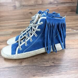 Arfango Size 7 38 Moccasins Womens Blue Suede Fringe Beaded Booties